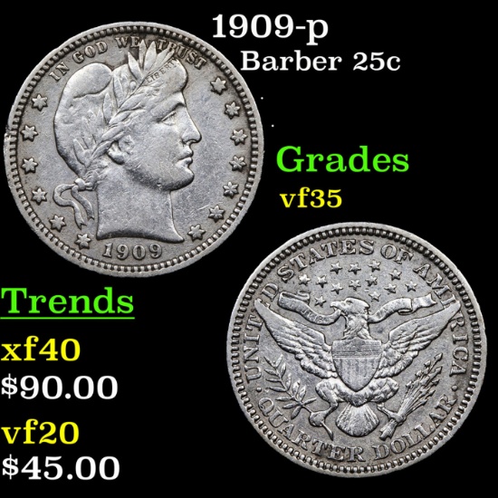 1909-p Barber Quarter 25c Grades vf++