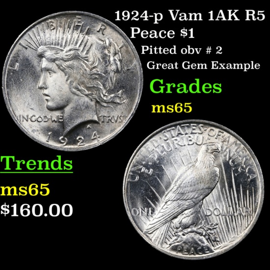 1924-p Vam 1AK R5 Peace Dollar $1 Grades GEM Unc