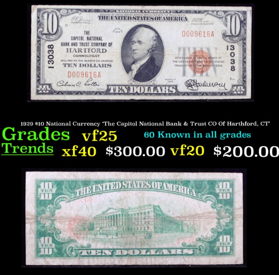 1929 $10 National Currency 'The Capitol National Bank & Trust CO Of Harthford, CT' Grades vf+