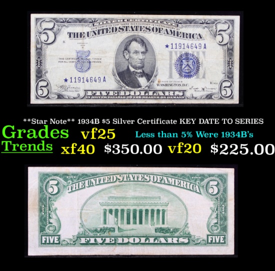 **Star Note** 1934B $5 Silver Certificate KEY DATE TO SERIES Grades vf+