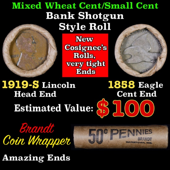 Mixed small cents 1c orig shotgun roll, 1919-S Wheat Cent, 1858 Flying Eagle Cent other end, Brandt