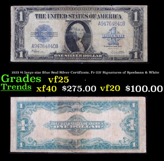 1923 $1 large size Blue Seal Silver Certificate, Fr-237 Signatures of Speelman & White Grades vf+