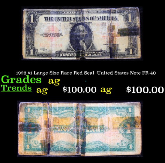 1923 $1 Large Size Rare Red Seal  United States Note FR-40 Grades ag