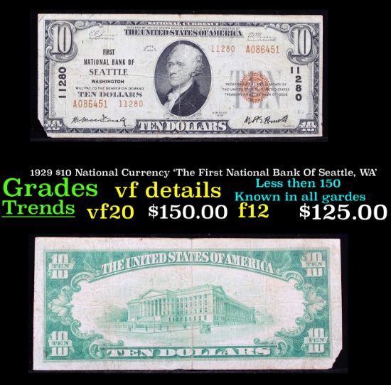 1929 $10 National Currency 'The First National Bank Of Seattle, WA' Grades vf details
