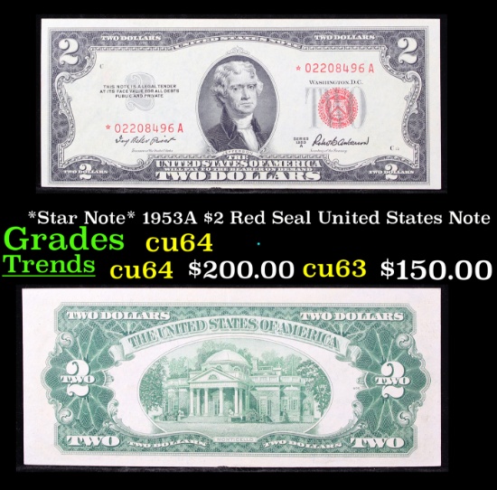 *Star Note* 1953A $2 Red Seal United States Note Grades Choice CU