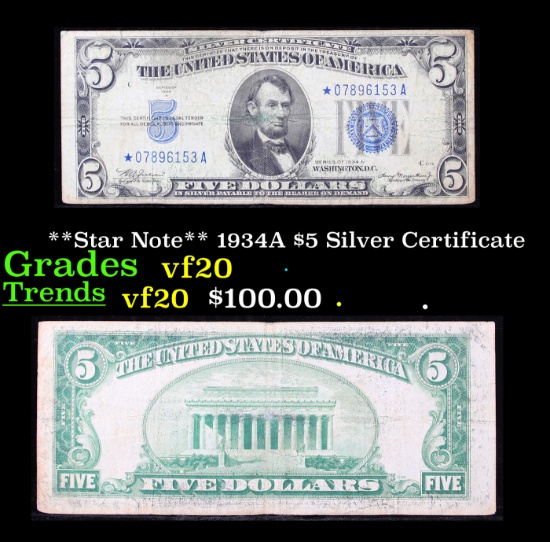 **Star Note** 1934A $5 Silver Certificate Grades vf, very fine