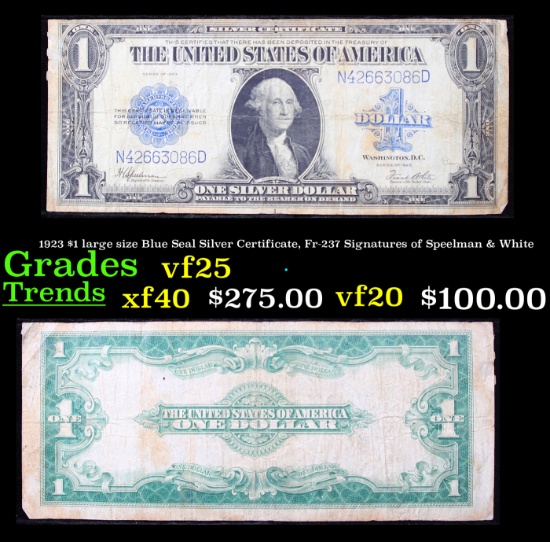 1923 $1 large size Blue Seal Silver Certificate, Fr-237 Signatures of Speelman & White Grades vf+
