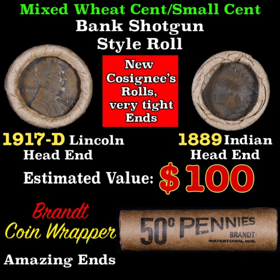 Mixed small cents 1c orig shotgun roll, 1917-d Wheat Cent, 1889 Indian Cent other end, Brandt Wrappe