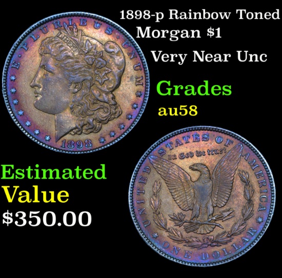 1898-p Rainbow Toned Morgan Dollar 1 Grades Choice AU/BU Slider