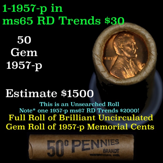 ***Auction Highlight*** Shotgun Lincoln 1c roll, 1957-p 50 pcs Brandt Wrapper (fc)