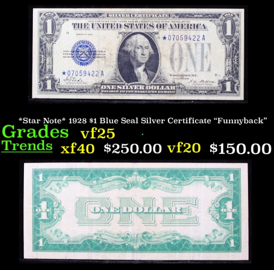 *Star Note* 1928 $1 Blue Seal Silver Certificate "Funnyback" Grades vf+