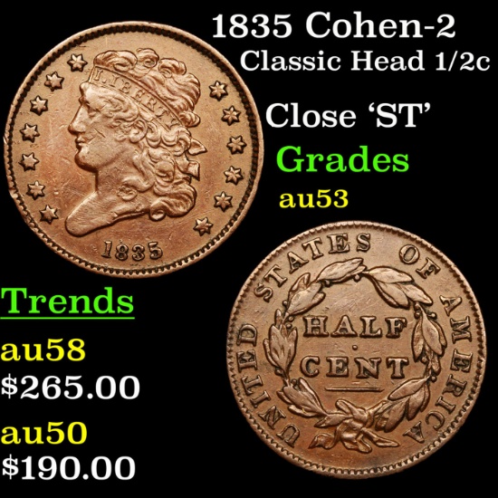 1835 Cohen-2 Classic Head half cent 1/2c Grades Select AU