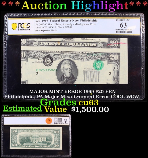 ***Auction Highlight*** PCGS MAJOR MINT ERROR 1969 $20 FRN Philidelphia, PA Major Misalignment Error