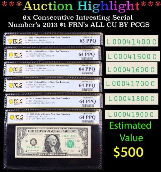 ***Auction Highlight*** 6x Consecutive Intresting Serial Number's 2013 $1 FRN's ALL CU BY PCGS Grade