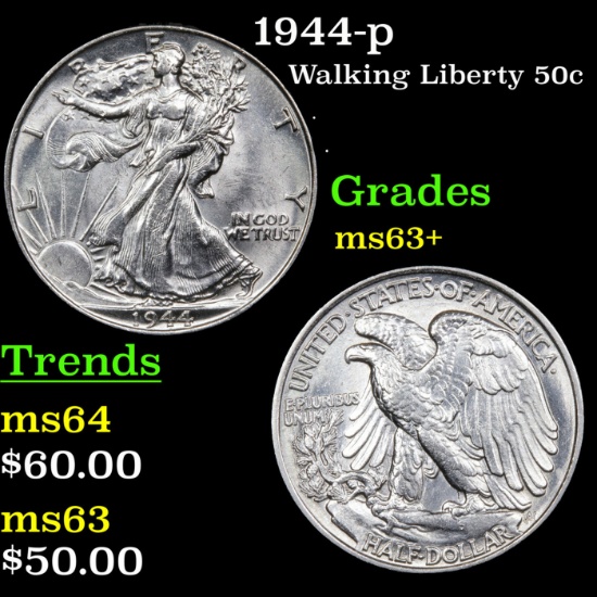 1944-p Walking Liberty Half Dollar 50c Grades Select+ Unc