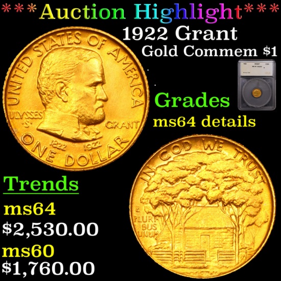 ***Auction Highlight*** 1922 Grant Gold Commem Dollar 1 Graded ms64 details By SEGS (fc)