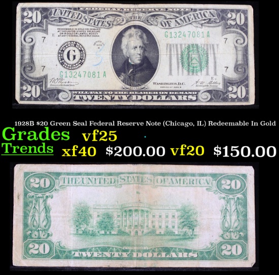 1928B $20 Green Seal Federal Reserve Note (Chicago, IL) Redeemable In Gold Grades vf+