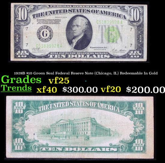 1928B $10 Green Seal Federal Reseve Note (Chicago, IL) Redeemable In Gold Grades vf+