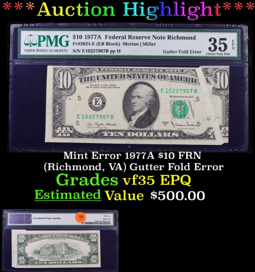 ***Auction Highlight*** Mint Error 1977A $10 FRN (Richmond, VA) Gutter Fold Error Graded vf35 EPQ By