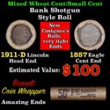 Mixed small cents 1c orig shotgun roll, 1911-d Wheat Cent, 1857 Dlying Eagle Cent other end, Brandt