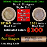 Mixed small cents 1c orig shotgun roll, 1916-S Wheat Cent, 1881 Indian  Cent other end, Brandt