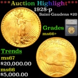 ***Auction Highlight*** 1928-p St. Guadens Gold $20 Graded ms66+ By SEGS (fc)