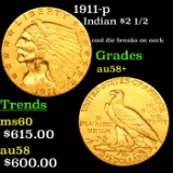 1911-p Gold Indian Quarter Eagle $2 1/2 Grades Choice AU/BU Slider+