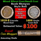 Mixed small cents 1c orig shotgun roll, 1919-S Wheat Cent, 1858 Flying Eagle Cent other end, Brandt