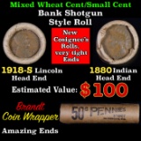Mixed small cents 1c orig shotgun roll, 1918-S Wheat Cent, 1880 Indian Cent other end, Brandt Wrappe