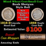Mixed small cents 1c orig shotgun roll, 1918-d Wheat Cent, 1858 Flying Eagle Cent other end, Brandt