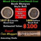 Mixed small cents 1c orig shotgun roll, 1917-d Wheat Cent, 1889 Indian Cent other end, Brandt Wrappe