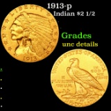 1913-p Gold Indian Quarter Eagle $2 1/2 Grades Unc Details
