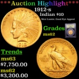 ***Auction Highlight*** 1912-s Gold Indian Eagle $10 Graded Select Unc By USCG (fc)