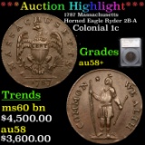 ***Auction Highlight*** 1787 Massachusetts Horned Eagle Ryder 2B-A Colonial Cent 1c Graded au58+ By