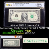 PCGS 1995 $1 FRN Atlanta, GA Intresting, Cool, Fancy Serial # 56777777 Graded vf25 By PCGS
