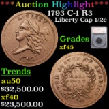 ***Auction Highlight*** 1793 C-1 R3 Liberty Cap half cent 1/2c Graded xf45 By SEGS (fc)