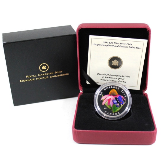 2013 $20 Purple Coneflower with Venetian Glass Butterfly - 1oz Pure Silver Coin