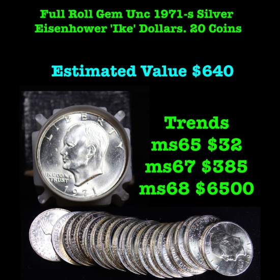 ***Auction Highlight*** Full Roll Gem Unc 1971-s Silver Eisenhower 'Ike' Dollars. 20 Coins total Eis