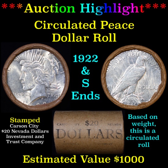 ***Auction Highlight*** Full solid Date Peace silver dollar roll, 20 coin 1922 & 'S' Ends (fc)