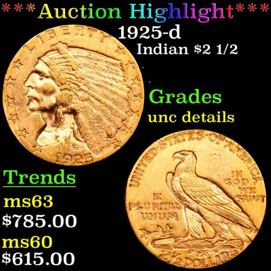 ***Auction Highlight*** 1925-d Gold Indian Quarter Eagle $2 1/2 Grades Unc Details (fc)