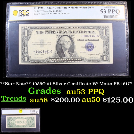 PCGS **Star Note** 1935G $1 Silver Certificate W/ Motto FR-1617* Graded au53 PPQ By PCGS
