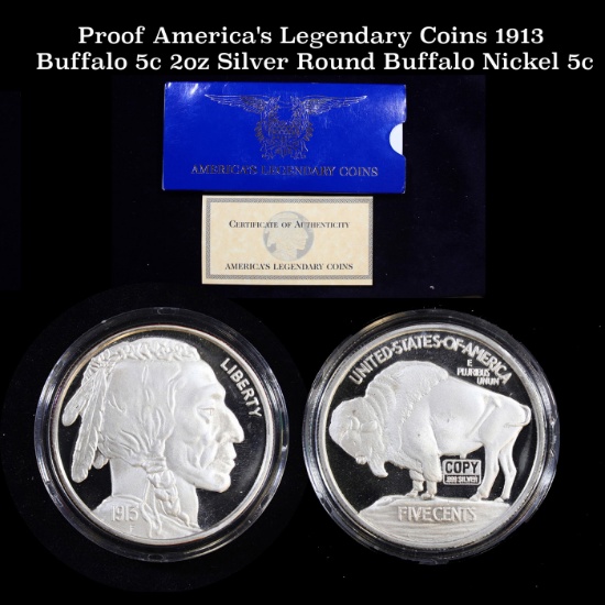 Proof America's Legendary Coins 1913 Buffalo 5c 2oz Silver Round Buffalo Nickel 5c Grades GEM++ Proo