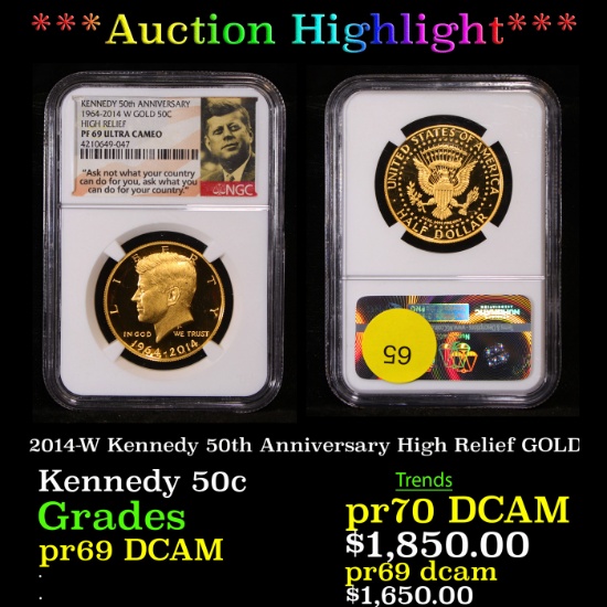 Proof ***Auction Highlight*** NGC 2014-W Kennedy 50th Anniversary High Relief GOLD Kennedy Half Doll
