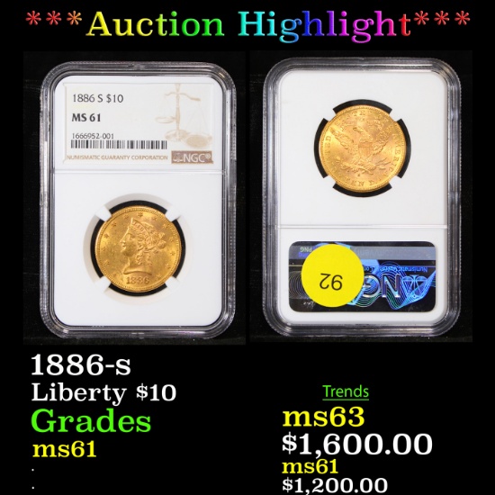***Auction Highlight*** NGC 1886-s Gold Liberty Eagle $10 Graded ms61 By NGC (fc)
