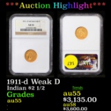 ***Auction Highlight*** NGC 1911-d Weak D Gold Indian Quarter Eagle $2 1/2 Graded au55 By NGC (fc)