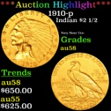 ***Auction Highlight*** 1910-p Gold Indian Quarter Eagle $2 1/2 Grades Choice AU/BU Slider (fc)