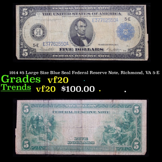 1914 $5 Large Size Blue Seal Federal Reserve Note, Richmond, VA 5-E Grades vf, very fine