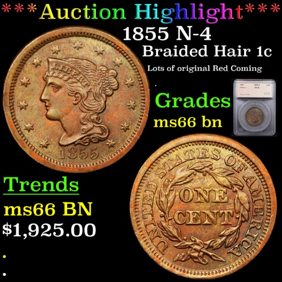 ***Auction Highlight*** 1855 N-4 Braided Hair Large Cent 1c Graded ms66 bn By SEGS (fc)