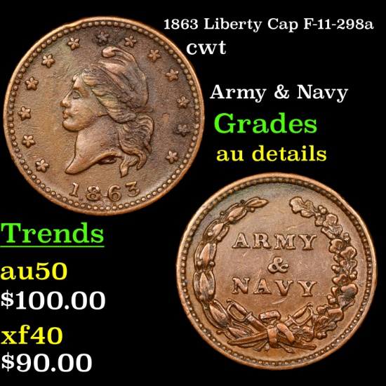 1863 Liberty Cap F-11-298a Civil War Token 1c Grades AU Details