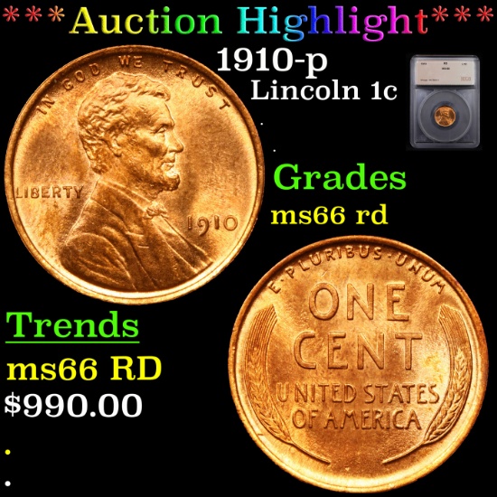 ***Auction Highlight*** 1910-p Lincoln Cent 1c Graded ms66 rd By SEGS (fc)